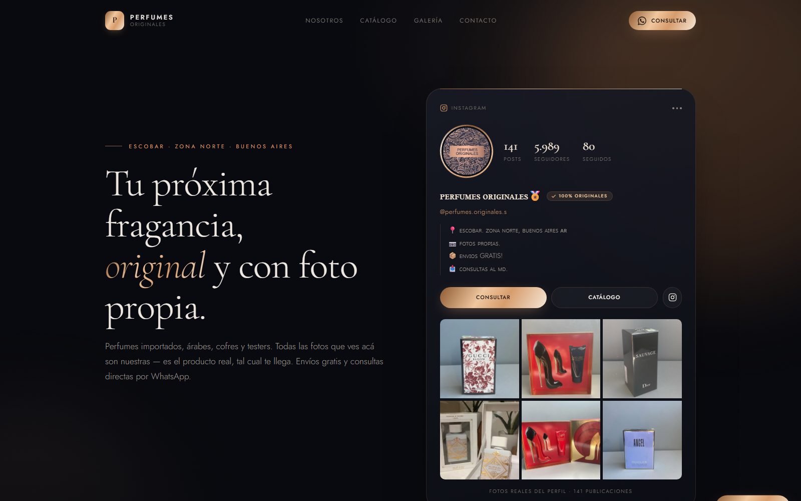 Web de Perfumes Originales: portada oscura con el catálogo y las fotos reales del Instagram del negocio.